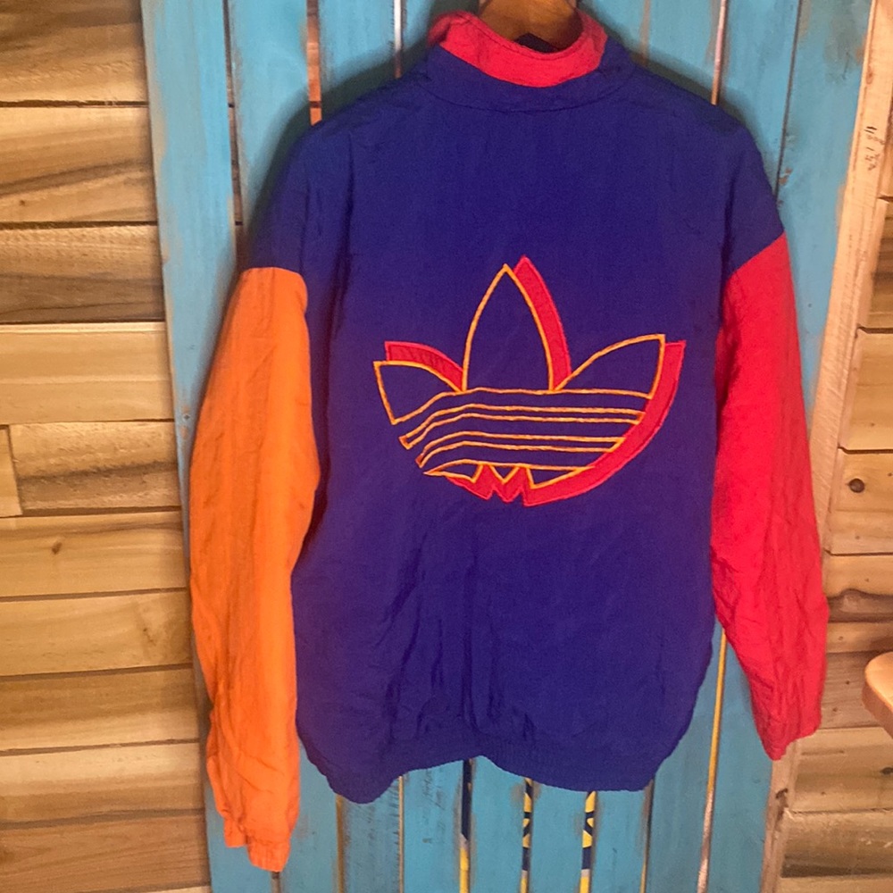 Vintage 90s Adidas color block giant trefoil jacket size large blue red orange.